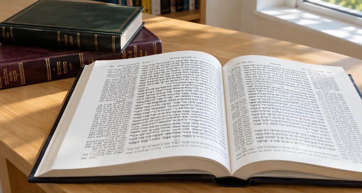 An open Hebrew study book beside other books